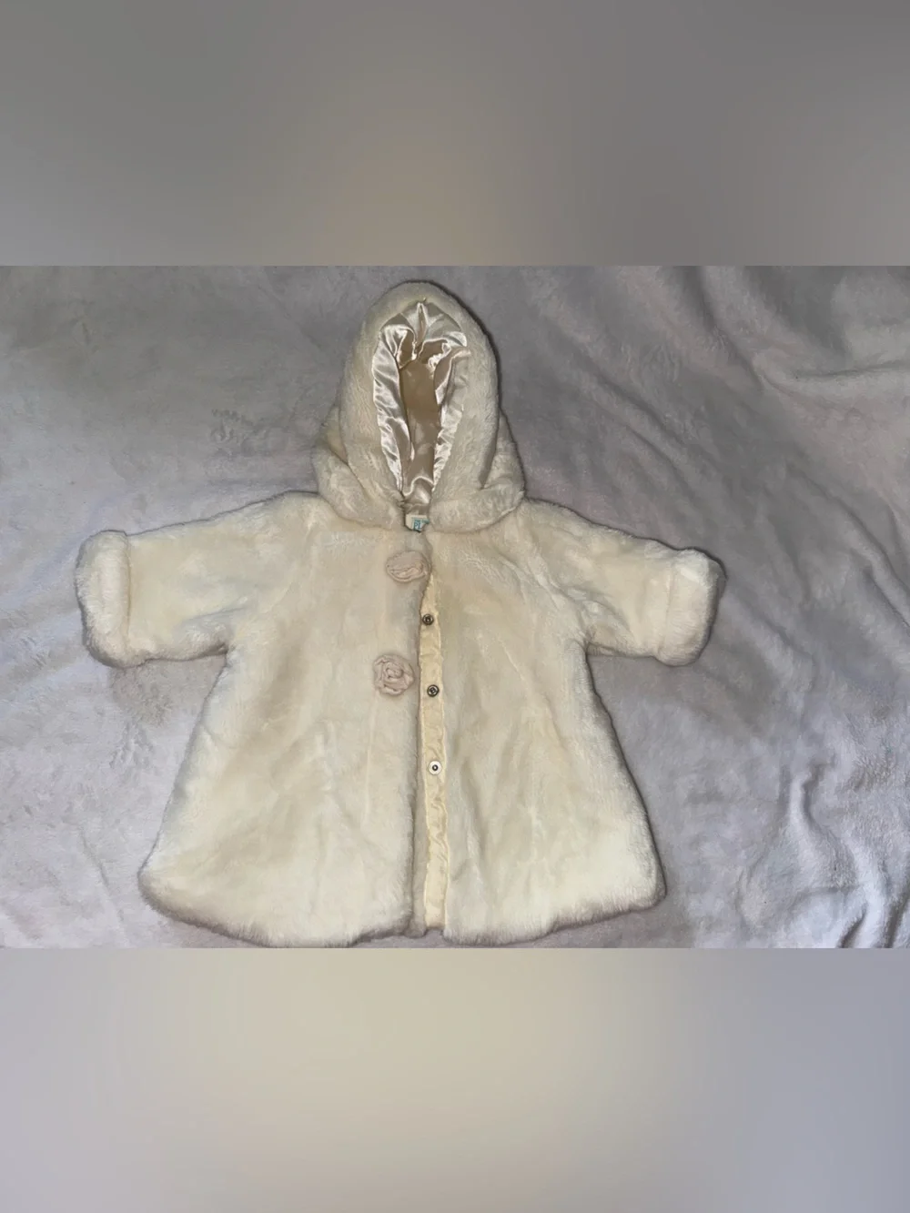 The Children's Place Cream Faux Fur Hooded Pea Coat with Rosette Buttons